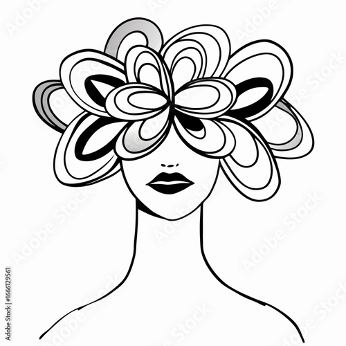 Minimal line art portrait of a woman, her hair made of colorful abstract flowers