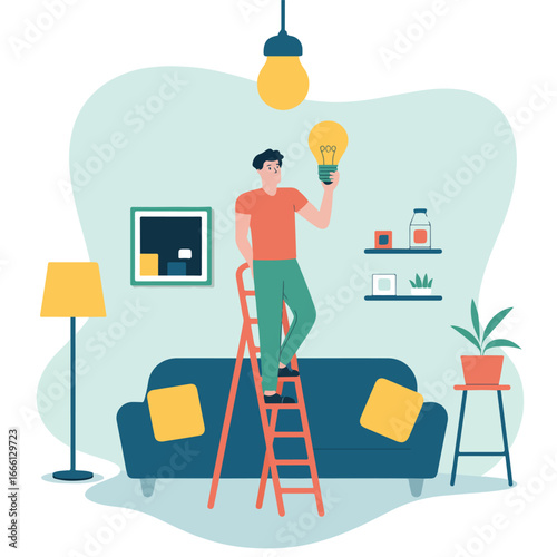 Man on ladder changing lightbulb in living room with sofa lamp and wall art illustration style design