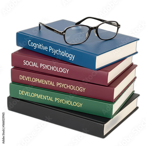 Stack of psychology textbooks with glasses on top, featuring cognitive and social topics