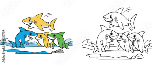  A group of cute cartoon sharks playing leapfrog together by the water. Vector illustration and coloring book page.