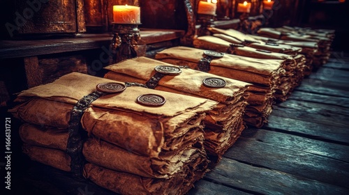 Ancient scrolls and documents illuminated by candlelight conjure mystery and history