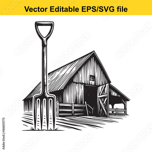 Vintage pitchfork and barn illustration in a rural countryside setting