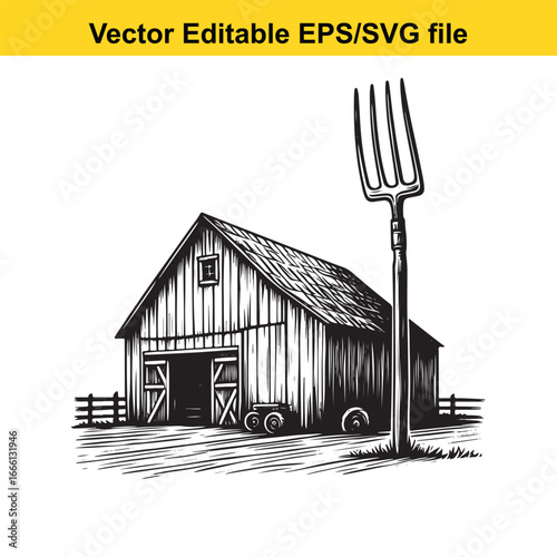 Rustic barn with pitchfork isolated on white background