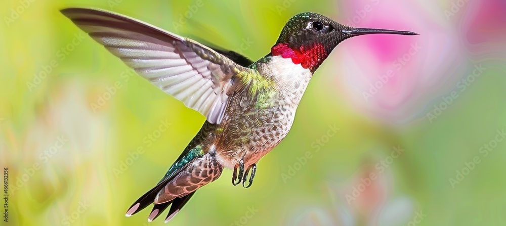 Fototapeta premium Hummingbird in mid flight hovering above a vibrant flower, capturing nature s beauty