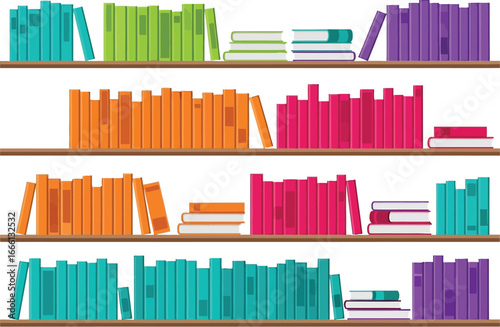 Book shelf silhouette, book spine. Bookshelf with colorful stack of book editable vector illustration. Neatly arranged books on the bookshelf