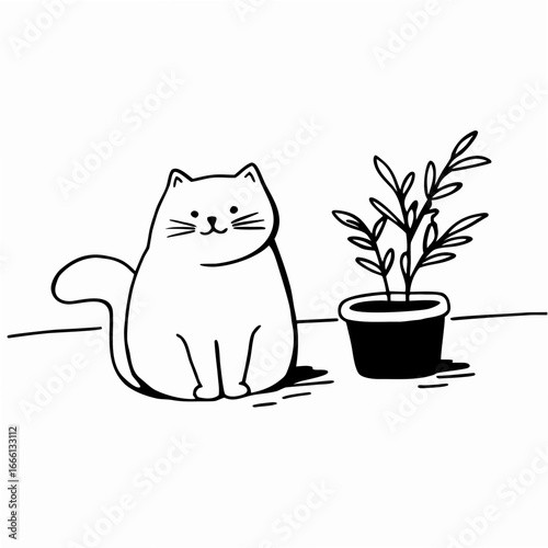 Minimal cute illustration of a smiling cat sitting next to a potted fiddle leaf fig plant line art vector