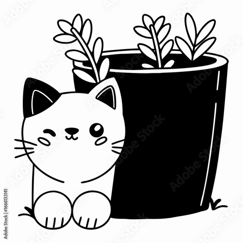 Minimal cute illustration of a smiling cat sitting next to a potted fiddle leaf fig plant line art vector