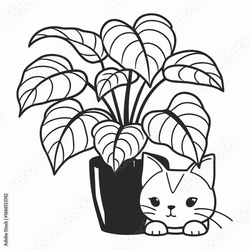 Minimal cute illustration of a smiling cat sitting next to a potted fiddle leaf fig plant line art vector