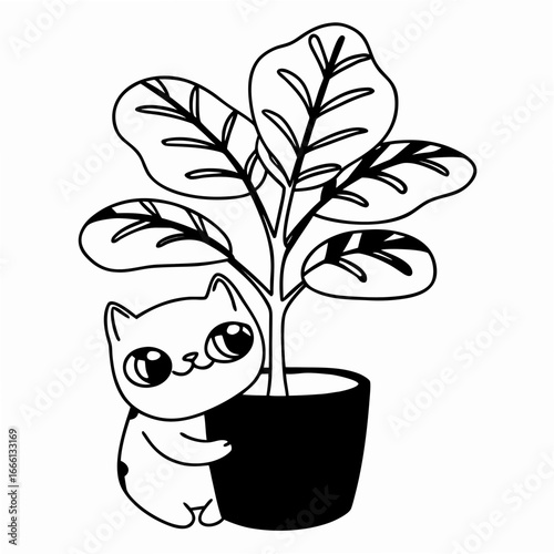 Minimal cute illustration of a smiling cat sitting next to a potted fiddle leaf fig plant line art vector