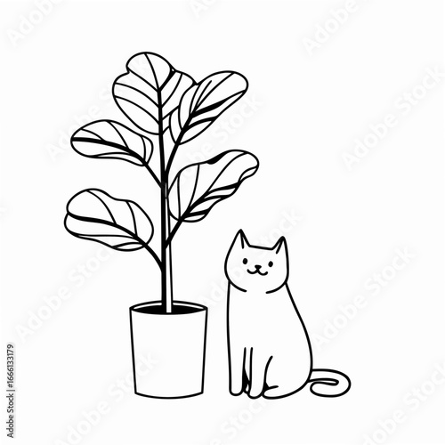 Minimal cute illustration of a smiling cat sitting next to a potted fiddle leaf fig plant line art vector