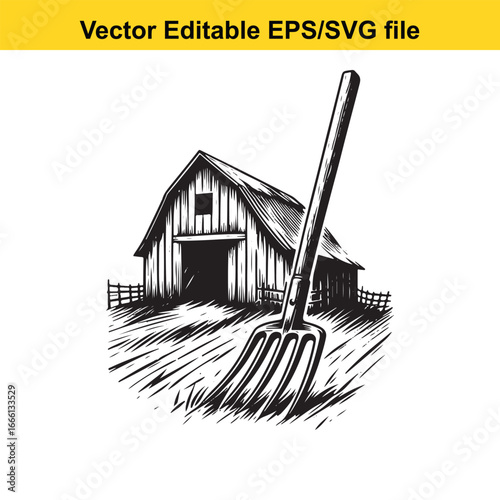 Vintage farm barn with a pitchfork in front, rural countryside illustration