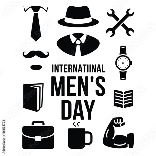 Black and white vector International Men’s Day bundle with mustache, tie, shirt, hat, watch, wrench, briefcase, book, mug, strong arm