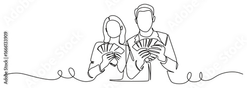 Continuous line art of a young man and woman holding a lot of money. The concept of success and increasing income.