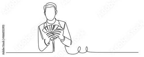 Continuous line art of a young man holding a lot of money. The concept of success and increasing income.