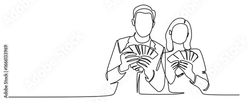 Continuous line art of a young man and woman holding a lot of money. The concept of success and increasing income.