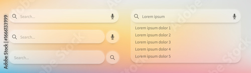 Vector search bar UI kit in neumorphic style with microphone and magnifying glass icons, dropdown results and rounded input fields adjusting to background colors for web and mobile apps