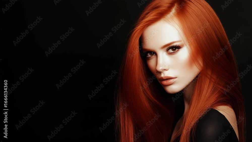 Young beautiful woman with long shiny silky ginger red redhead hairstyle during fashion shoot on black background.AI Generative. Young beautiful woman with long shiny silky ginger red redhead hairstyle during fashion shoot on black background.AI Generative.