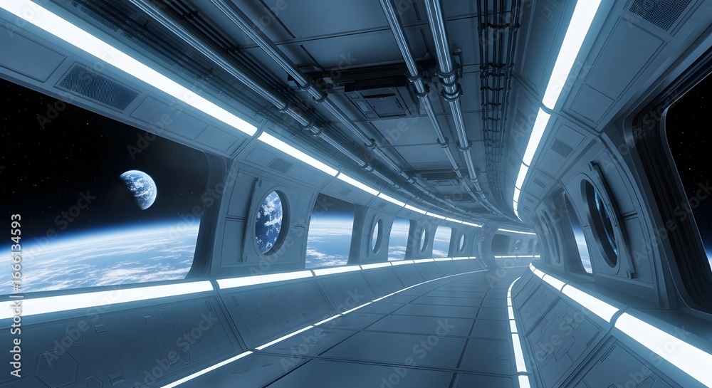 Obraz premium Futuristic Space Corridor with Earthly View through Windows in a Sci-Fi Setting