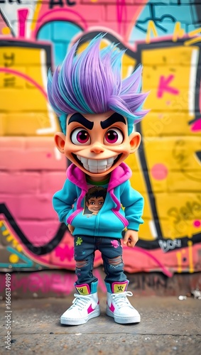Cartoon character with vibrant hair and hoodie standing against graffiti covered wall with a wide smile