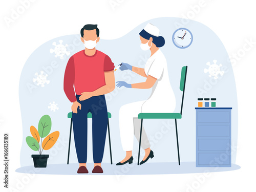 Vaccination concept. Man in face mask getting vaccinated against in hospital or Doctor giving vaccine injection injecting patient. Vector illustration.