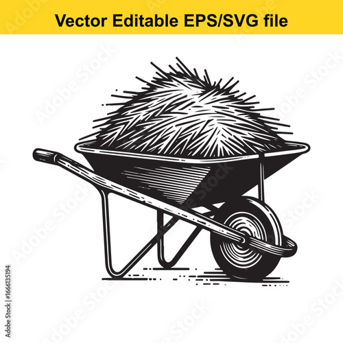 Black and white illustration of a wheelbarrow filled with hay, isolated on white background