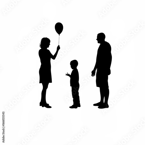 Child with balloon observing parental conflict silhouette isolated on white background