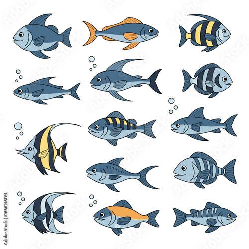 Collection of diverse aquarium fish species featuring aquatic life and ocean creatures