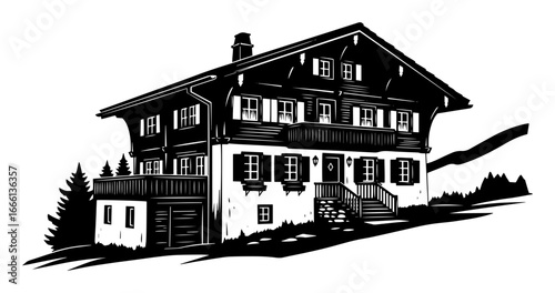 Alpine chalet house engraving vector illustration
