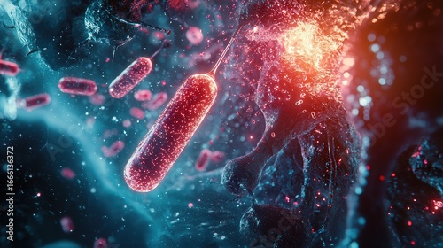 Microscopic View of Bacteria Cells with Flagella, Scientific Visualization of Pathogens, Medical Research and Microbiology Concept, Glowing Red and Blue