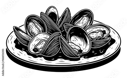 Plate of mussels engraving vector illustration