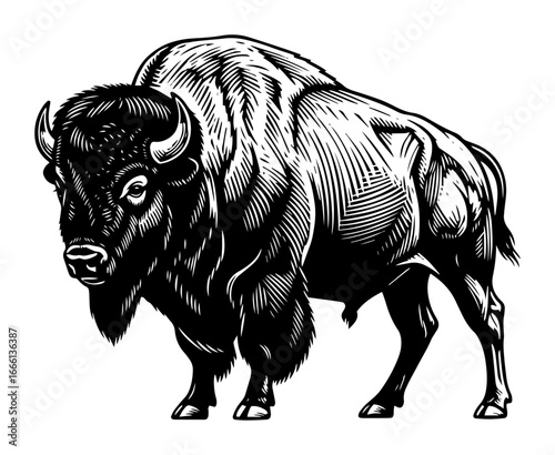 American bison black and white vector illustration