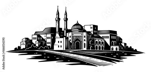 Islamic city skyline vector engraving illustration
