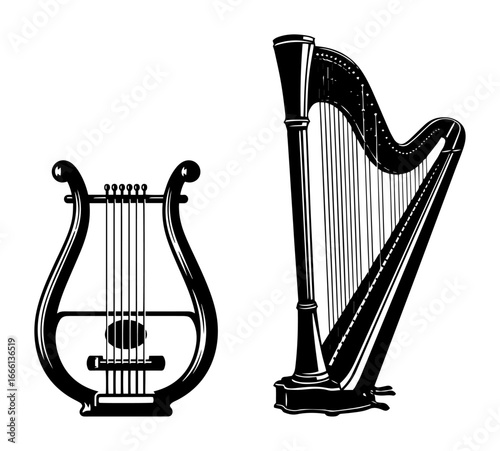 Ancient lyre and harp engraving vector illustration