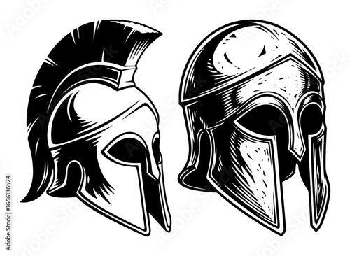 Greek spartan helmets vector engraving illustration
