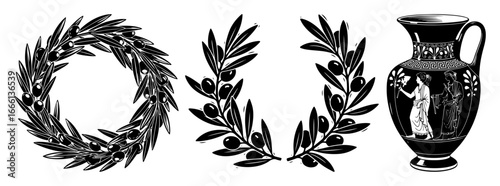 Greek vase and laurel wreaths vector sketch