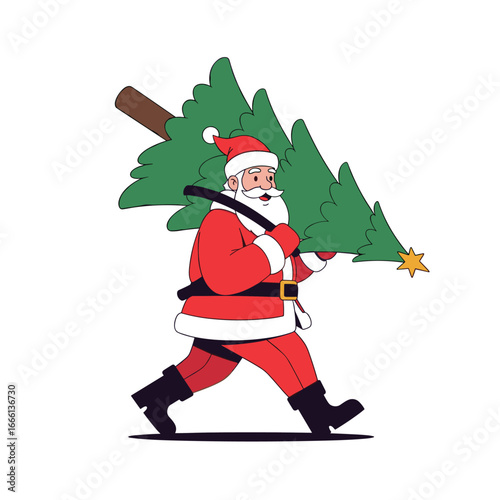 Santa claus carrying a christmas tree on his shoulder ready for the holidays festive celebration