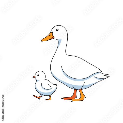 Adorable white duckling following its mother in a charming outdoor scene