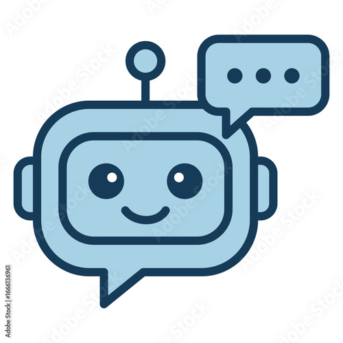 A robot with a smiley face is talking to a person. The robot is blue and has a speech bubble with a message inside. Concept of friendly communication.