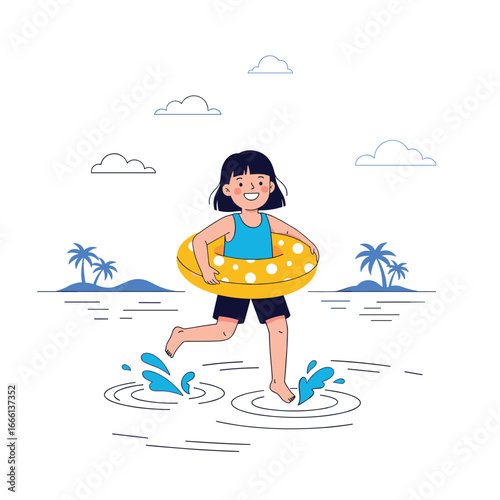 Joyful child with yellow inner tube splashing water on beach vacation