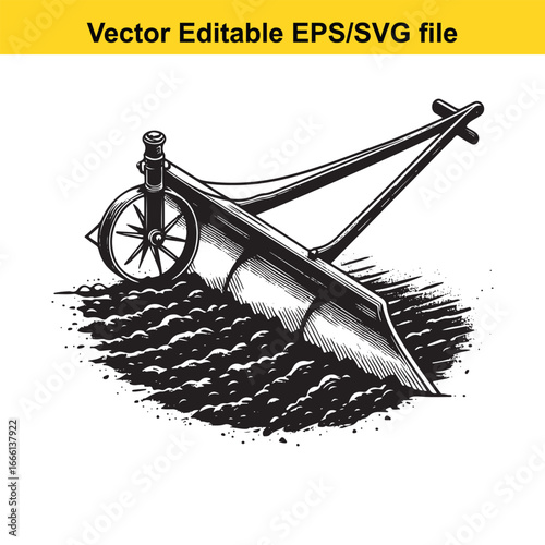 Vintage plow tilling the soil in a field, agricultural farming equipment illustration