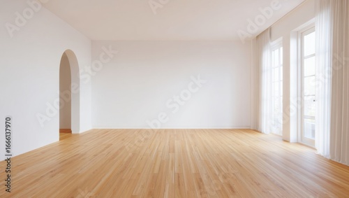 Bright empty room with light wood floor and sheer curtains flooding with sunlight