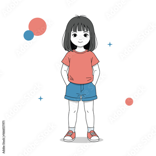 Adorably illustrated young girl wearing casual summer clothing standing still