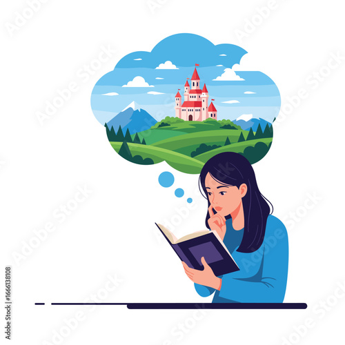 Young woman reading book imagining fairytale castle and lush green landscape in a thought bubble