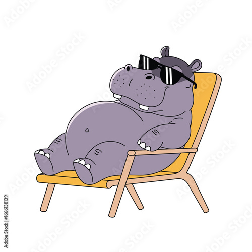 A chill hippopotamus relaxing in a lounge chair wearing sunglasses enjoying a sunny day