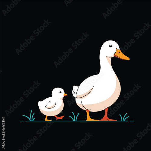 A mother duck and her duckling walking together through the grass