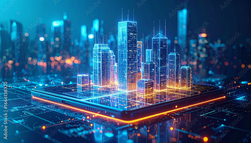 Fototapeta premium Digital Cityscape on Screen: A glowing digital cityscape superimposed upon the sleek surface of a tech device, its neon lights reflecting a vibrant metropolis.