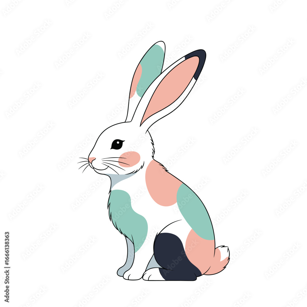 Fototapeta premium Adorable calico rabbit sitting profile view adorable cute easter bunny art illustration
