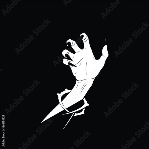 A hand emerging from the darkness with sharp claws and metal restraints