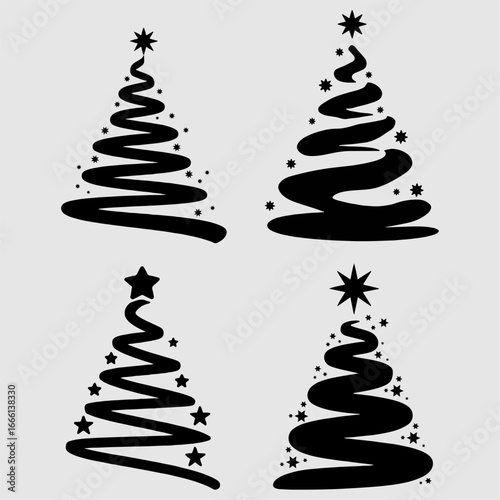 four black and white christmas trees with stars