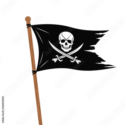 Classic pirate skull and crossbones jolly roger flag on wooden pole